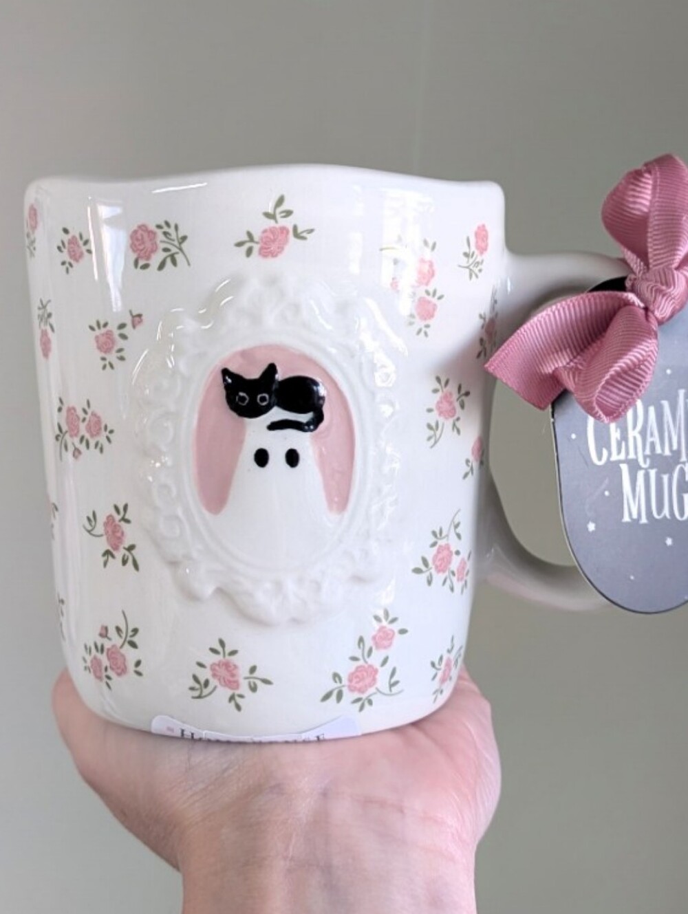 Portrait Style Ghost w/ Rose Design Pinkoween Mug by Sunday Morning Ceramics👻🌹